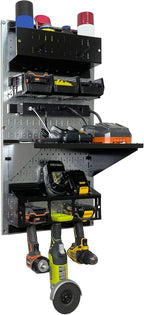 Wall Control Power Tool Storage Organizer Kit Cordless Drill Holder Charging Station Rack 16” x 32” Metal Pegboard Organizati