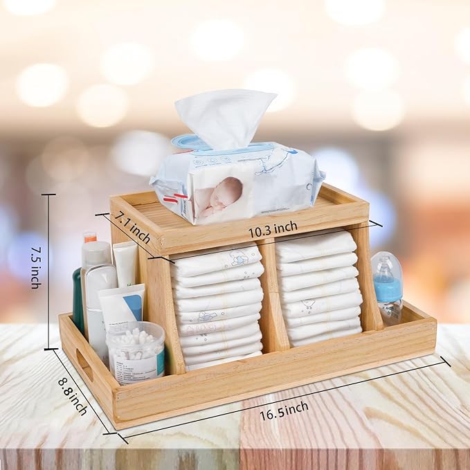 Diaper Caddy Organizer, Changing Table Organizer, Wooden Diaper Organizer for Nursery, Baby Diaper Storage Organizer with Rem