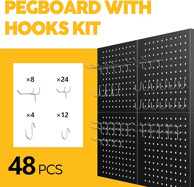 Peg Board - Metal Pegboard with 48 Hooks, Heavy Duty Wall Mount Metal Grid Panel for Garage Organization & Tool Storage, Rust