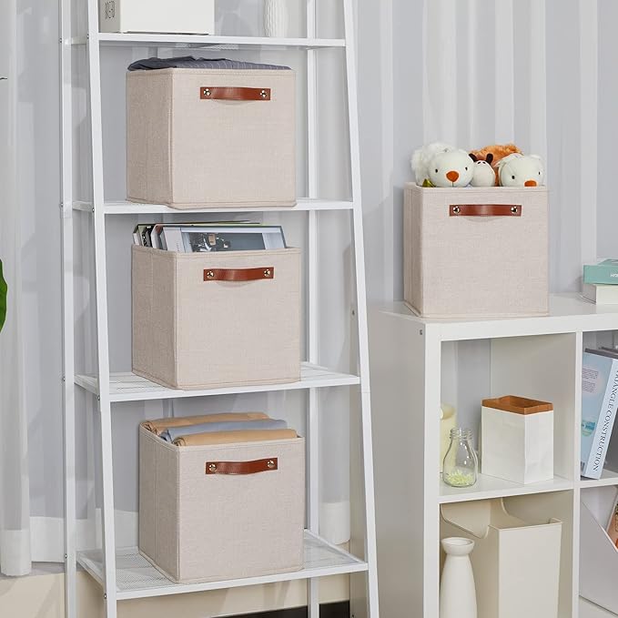 Temary 11x11 Storage Cubes Fabric Storage Cubes Storage Bins with Dual Leather Handles Canvas Storage Boxes for Organizing Ho