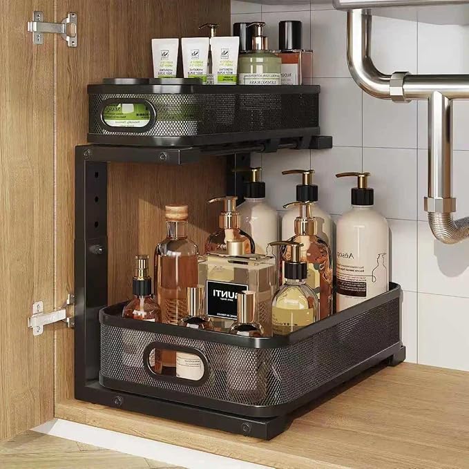 1 Pack 15.7IN-Depth Under Sink Organizer With Smooth Cylindrical Rail,2-Tier Pull Out Multi-Purpose Cabinet Storage for Bathr