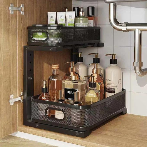 1 Pack 15.7IN-Depth Under Sink Organizer With Smooth Cylindrical Rail,2-Tier Pull Out Multi-Purpose Cabinet Storage for Bathr