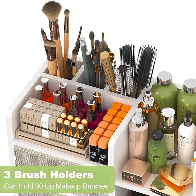 Large Makeup Organizer Countertop With Brush Holder Drawer For Vanity,Bamboo Bathroom Counter Organizers And Storage,Cosmetic