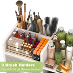 Large Makeup Organizer Countertop With Brush Holder Drawer For Vanity,Bamboo Bathroom Counter Organizers And Storage,Cosmetic