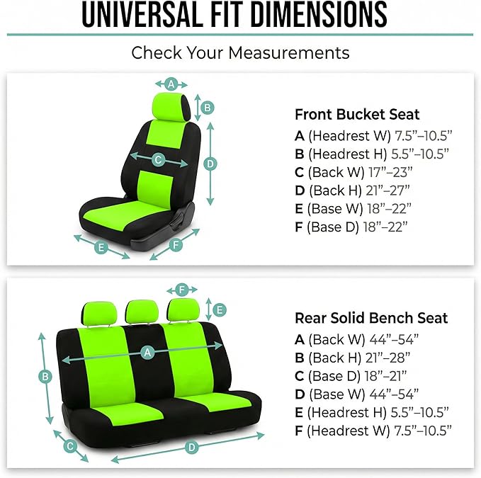 FH Group Bright Flat Cloth Full Set Automotive Seat Covers Front Set and Rear Solid Bench Green Black Seat Covers w. Gift Uni