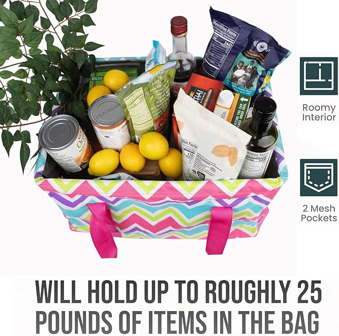 Extra Large Utility Tote Bag - Oversized Collapsible Tote with Wire Frame, Durable Reusable for Beach, Groceries, Laundry, Car Trunk, Storage and Travel - Includes 5x7 Bag with Hook - Chevron Multi