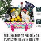 Extra Large Utility Tote Bag - Oversized Collapsible Tote with Wire Frame, Durable Reusable for Beach, Groceries, Laundry, Car Trunk, Storage and Travel - Includes 5x7 Bag with Hook - Chevron Multi