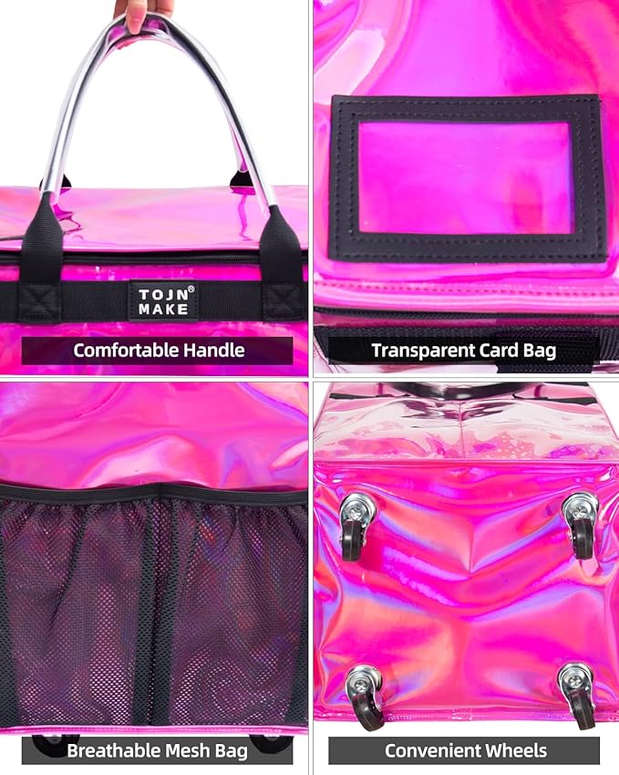 Reusable Grocery Bag On Wheels (Medium, Glitter Pink), Shopping Trolley, Rolling Tote with 8 Pockets and Zipper Cover, Foldable, Heavy Duty Handles, Carries Up to 66 LBS