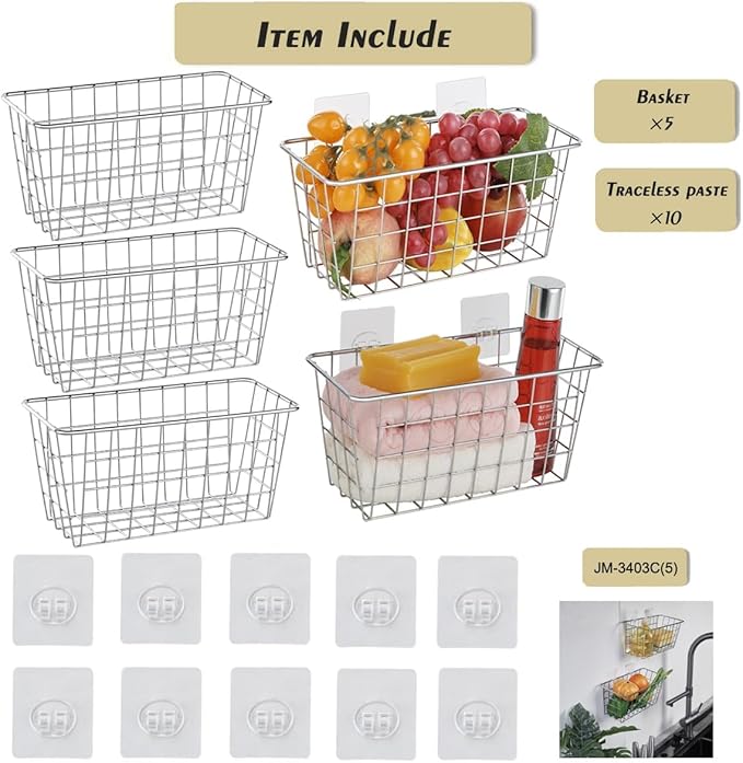 JUNCHU CHERRY 5 Pack Hanging Storage Basket, Bathroom Basket, Household Goods, with Traceless Tape, no Drilling, for Cabinet 