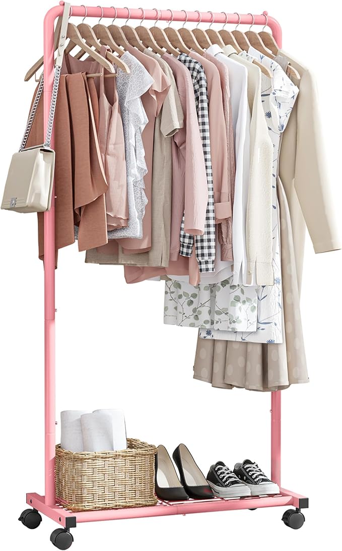 Sakugi Clothes Rack - Clothing Rack with Storage Mesh Shelf & Casters, Heavy-Duty Metal Clothing Rack for Hanging Clothes, Dr