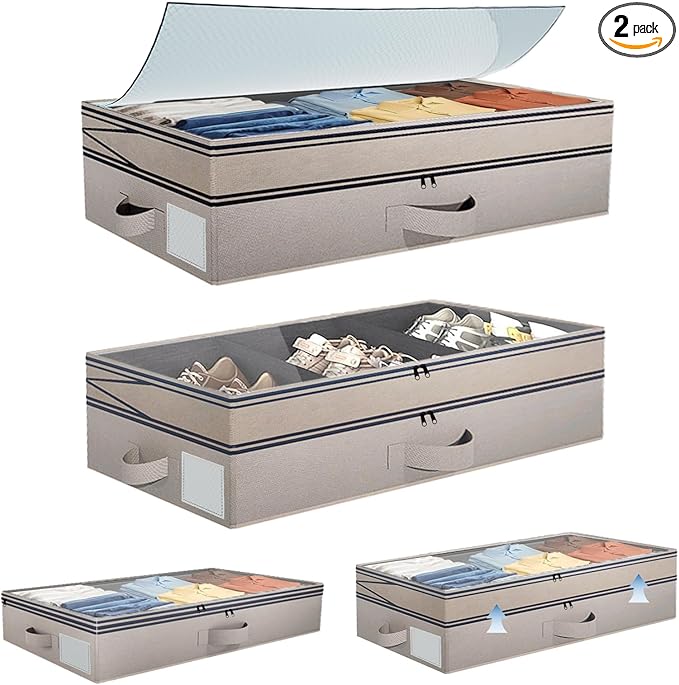 2 Pack Under Bed Storage with Wheels- Adjustable Underbed Rolling Storage Organizer Containers for Clothes and Shoe, 72L Larg