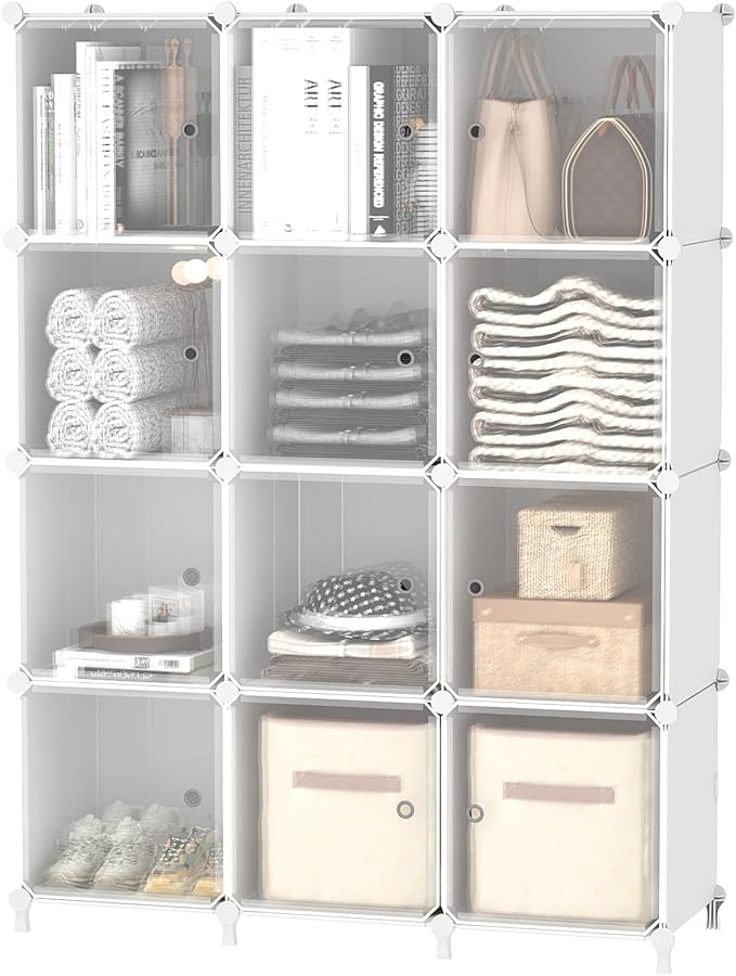 AWTATOS Cube Storage Closet Organizer 12 Cube Storage Shelves with Doors Closet Organizers and Storage Stackable Clothes Orga