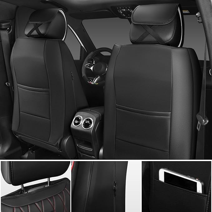 CAR PASS Luxury PU Leather Two Front Car Seat Covers, Waterproof Seat Covers Compatible with Front Seat Armrests, Airbag Comp