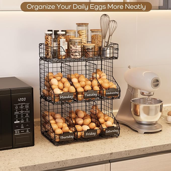 X-cosrack Egg Holder Countertop, 3 Tier Egg Rack with Labels Dividers to Separate Eggs, Stackable Wire Baskets for Fresh Egg,