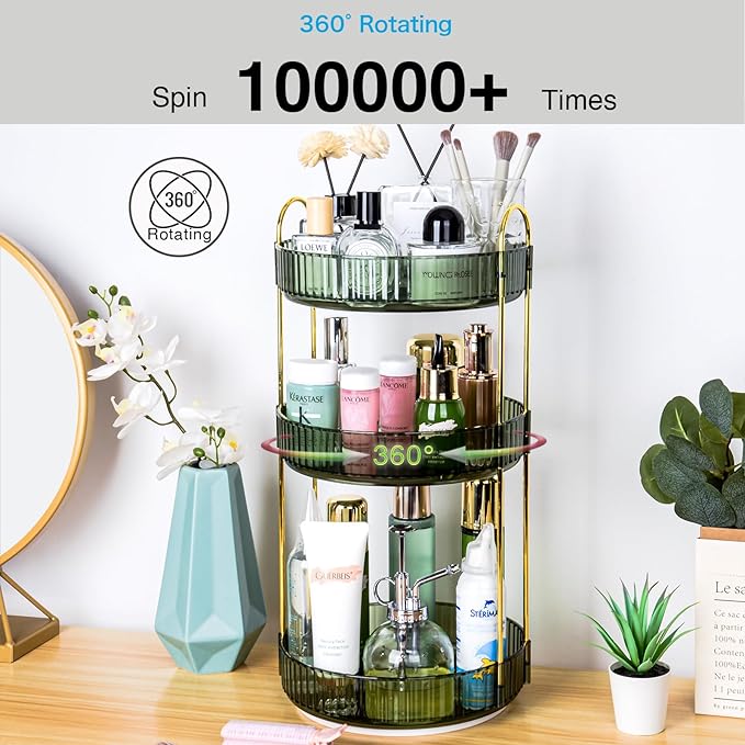 360 Rotating Makeup Organizer - Large Capacity Spinning Perfume & Cosmetic Skincare Holder for Vanity & Countertop (Gem Green