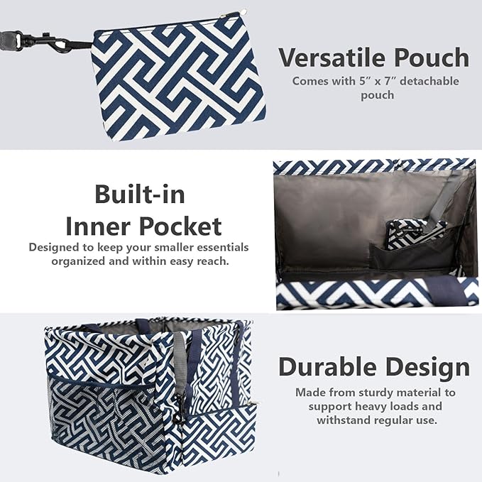 Extra Large Utility Tote Bag - Oversized Collapsible Tote with Wire Frame, Durable Reusable for Beach, Groceries, Laundry, Car Trunk, Storage and Travel - Includes 5x7 Bag with Hook - Geo Navy