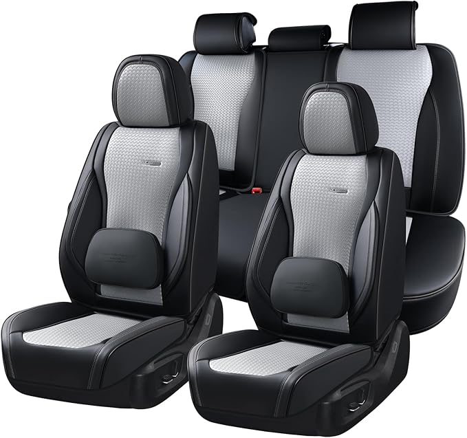 Coverado Car Seat Covers Full Set, Black Gray Seat Covers for Cars, Waterproof Nappa Leather Automotive Seat Covers with Lumb