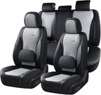 Coverado Car Seat Covers Full Set, Black Gray Seat Covers for Cars, Waterproof Nappa Leather Automotive Seat Covers with Lumb