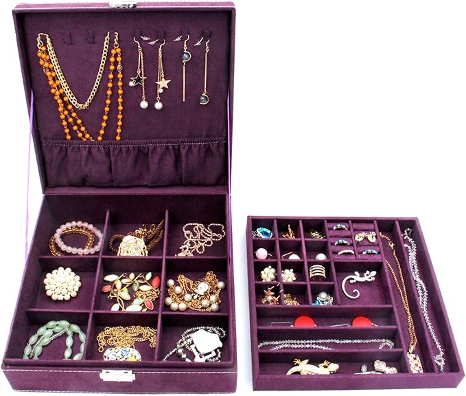 Two-Layer Jewelry Box Organizer Display Storage case with Lock (Purple)
