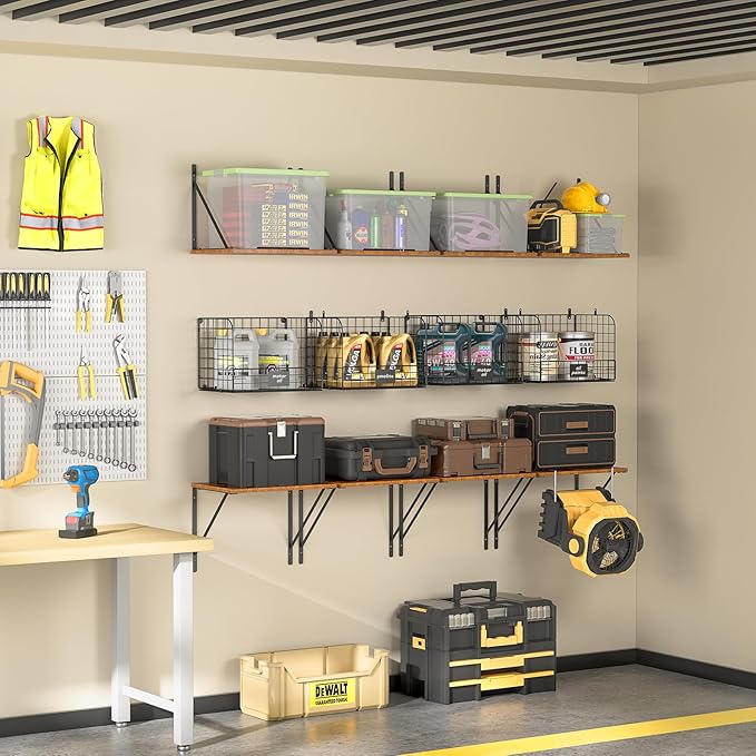 ThreeHio 2 Pack Garage Shelves Wall Mounted with Wire Storage baskets, Heavy Duty Garage Wall Shelving with Hooks, Wooden flo