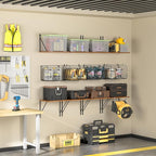 ThreeHio 2 Pack Garage Shelves Wall Mounted with Wire Storage baskets, Heavy Duty Garage Wall Shelving with Hooks, Wooden flo