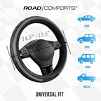Road Comforts Leather Steering Wheel Cover – Black & Gray, Universal Fit 14.5-15 Inch, Microfiber Leather, Anti-Slip & Breath