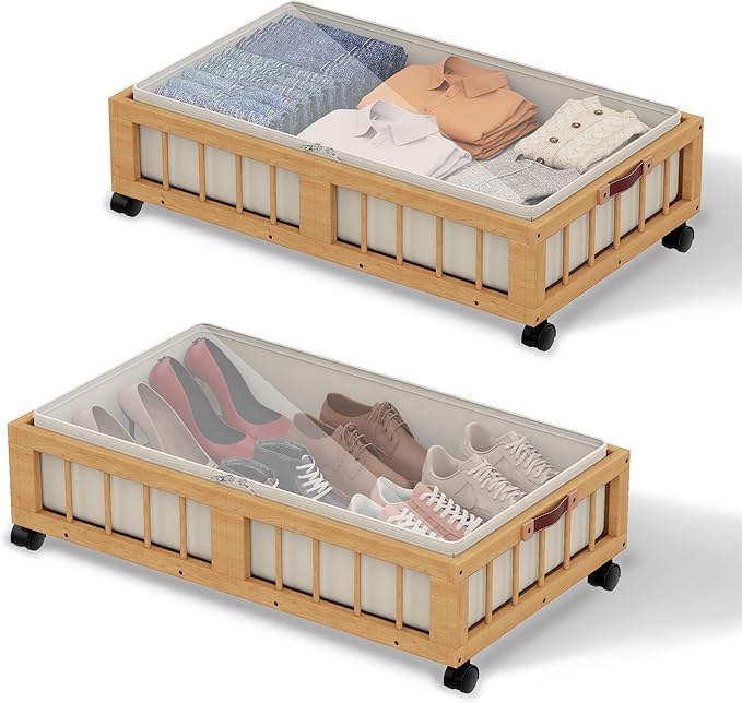 efluky 2-Pack Bamboo Under Bed Storage Containers with Wheels, Under Bed Clothes Storage Basket with Large Dust Bag, Rolling 