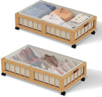 efluky 2-Pack Bamboo Under Bed Storage Containers with Wheels, Under Bed Clothes Storage Basket with Large Dust Bag, Rolling 