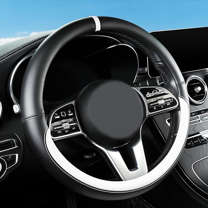 Black & White Nappa Leather Steering Wheel Cover, 14.5-15 inch Universal Car Steering Wheel Cover Non-Slip Breathable Absorbi