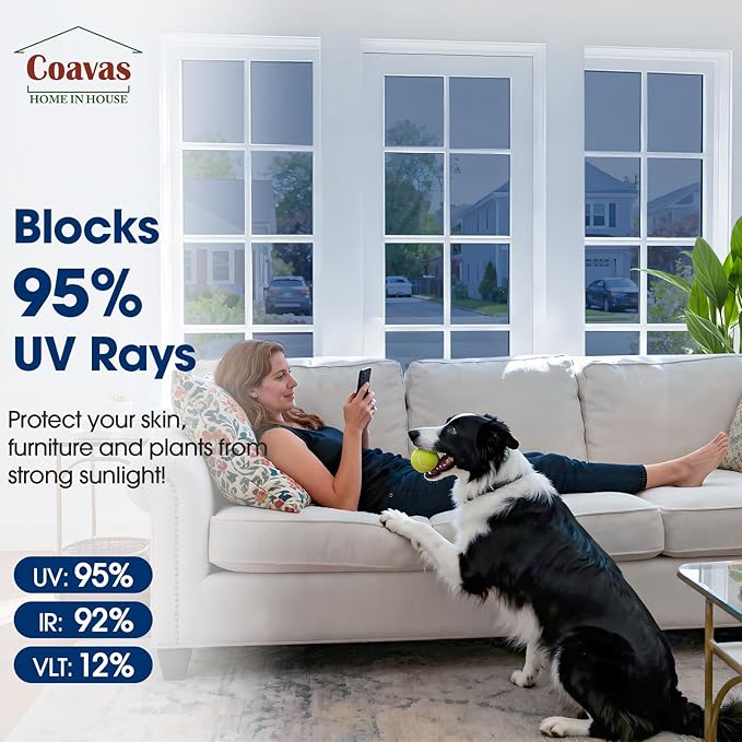 Coavas One Way Privacy Window Film, Sun Blocking Reflective Window Film See Out Not in, Heat Control Window Tint for Home, Anti UV Static Cling for Windows Glass Door (Blue, 35.4 x 157.5 inches)