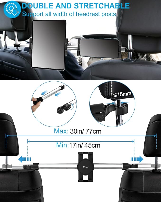 woleyi Car Headrest Tablet Holder Mount - [Anti Shake & Stretchable] Tablet Holder Back Seat for Car Between Kids Stand, for iPad Pro Air Mini, Galaxy Tab, Kindle Fire, Switch, iPhone, 4.7-13" Devices