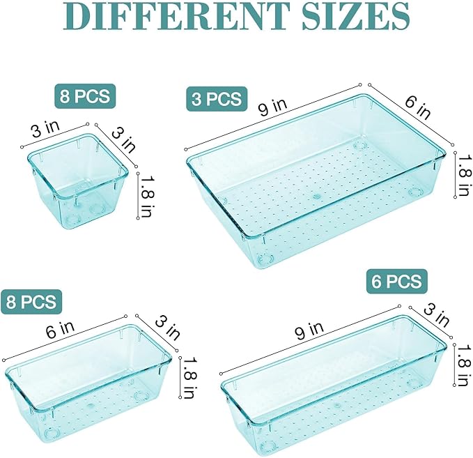 StorMiracle 25 PCS Drawer Organizer Set, 4 Varied Size Bathroom and kitchen Drawer cabinet organizer Trays, Clear Storage Bin