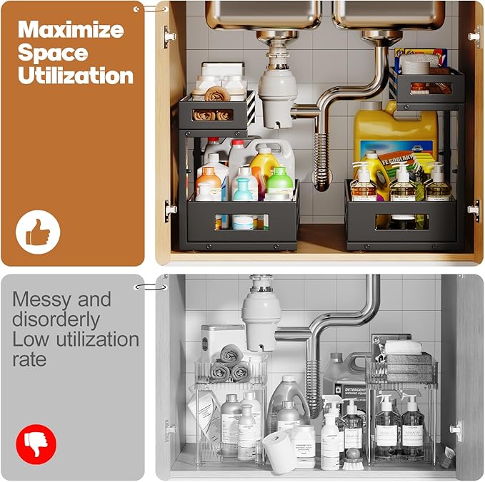 2-Pack 17"Deep Under Sink Organizer And Storage, 2-Tier L-Shaped Pull Out Cabinet Organizer with Upgraded Slide Rails, Height