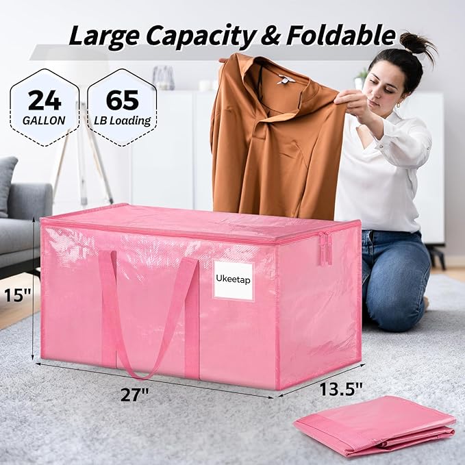 16 Pack Extra Large Heavy Duty Moving Bags, Pink Storage Bins with Lids, Reinforced Handles & Heavy-Duty Zippers Moving Boxes