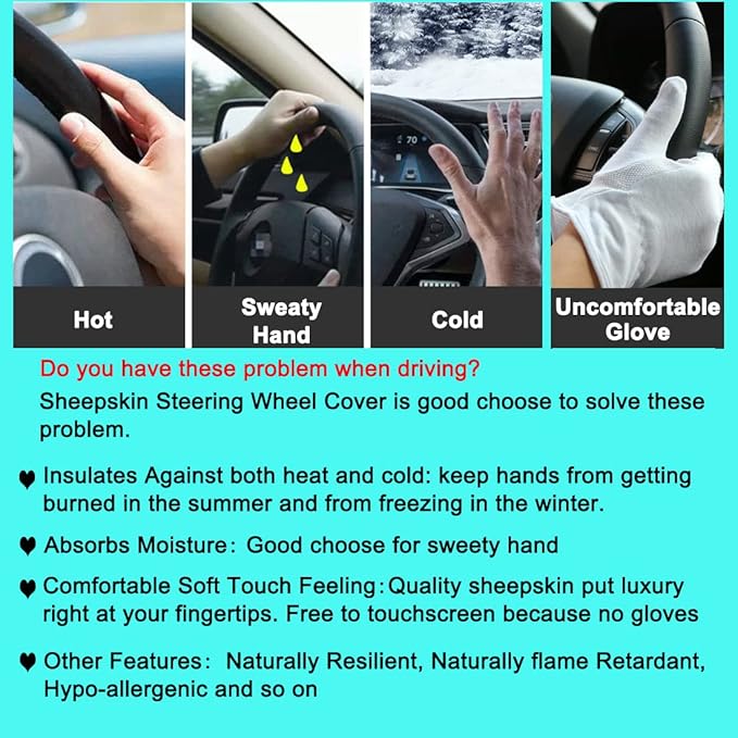 Genuine Fur Fur Wool Sheepskin Fuzzy Blue car Steering Wheel Cover, Fluffy Soft Protector for Universal Steering Wheel 14 1/2