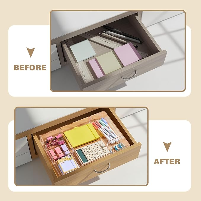 Briwooody Acrylic Drawer Organizer Clear Desk Drawer Organizer Trays with Adjustable Compartments Desk Accessories for Office