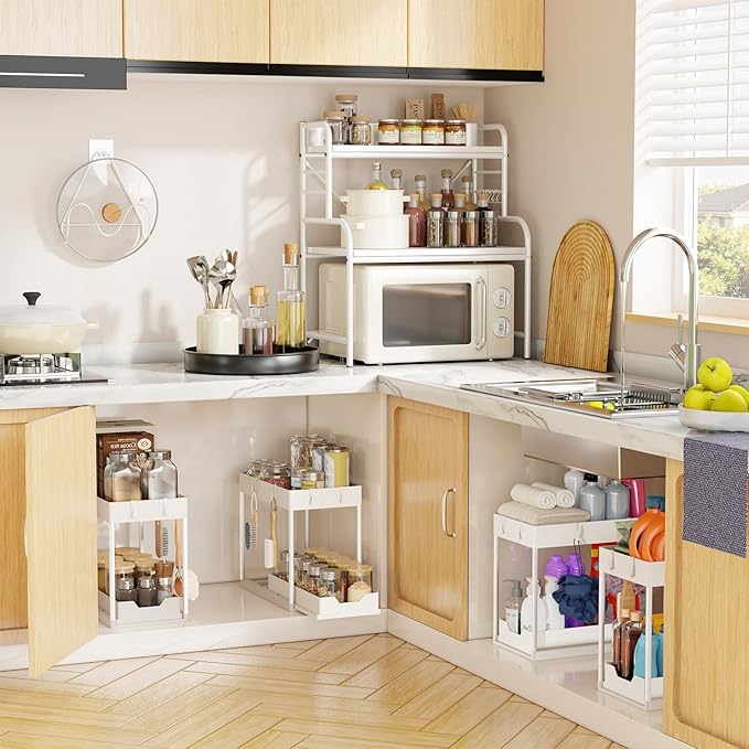 Simple Trending Under Sink Organizer 2 Pack, Sink Pull-Out Sliding Storage Cabinet, 2-Tier Under Shelf Organizer for Kitchen 