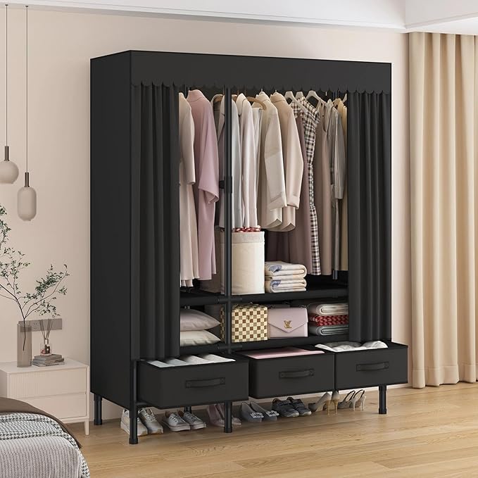 Portable Closet,Garment Rack,Heavy Duty Clothes Rack with Cover,Wardrobe Closet with 1 Hanging Rods, 2 Storage Shelves and 3 