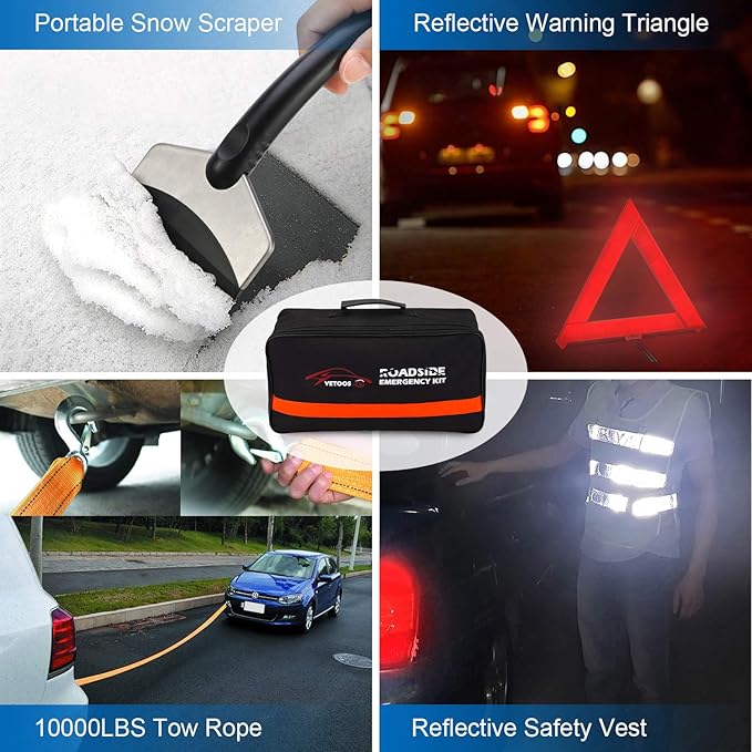 Vetoos Roadside Emergency Car Kit with Jumper Cables, Auto Vehicle Safety Road Side Assistance Kit Essentials, Winter Car Kit