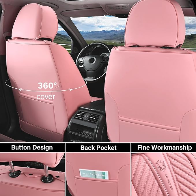 Coverado Seat Covers Full Set, Luxury Leather Pink Car Seat Covers for Car with Lumbar Support, Automotive Seat Covers Waterp