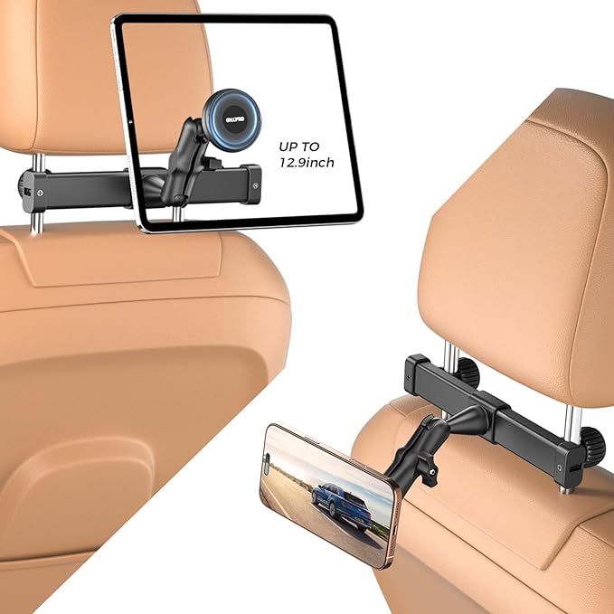 OHLPRO Magnetic Headrest Tablet Holder with 360° Adjustable Arm for Car Back Seat iPad Mount Fit for Magsafe Phones Tablet iPad Pro Air Mini Galaxy Tab and Devices, Road Trip Essentials for Kids