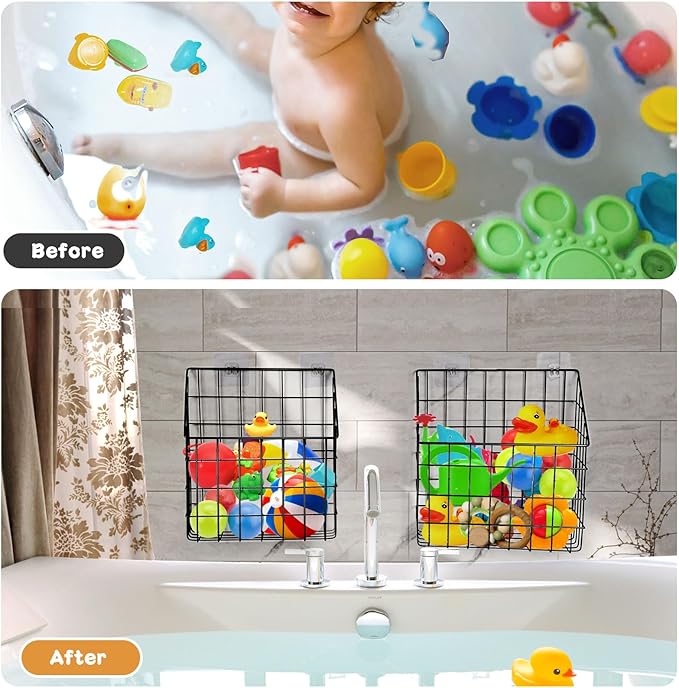 2 Pack Bath Toy Storage Organizer Basket, Large Metal Bathtub Toy Holder, Wall Mounted Hanging Shower Basket, Bath Toy Organi