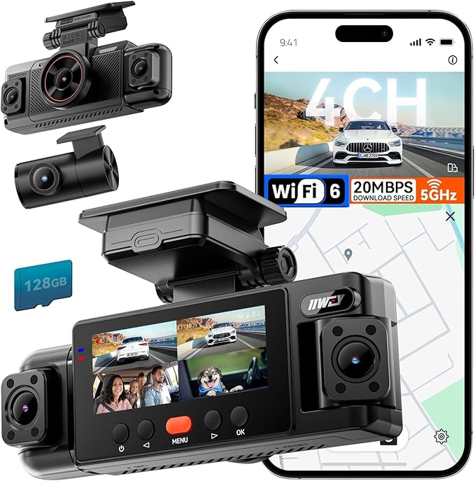 IIWEY N6 360° Dash Cam 4 Channel, 5.8G WiFi-6 (up to 20MB/s) with App, Free 128GB Card, FHD Front & Rear Inside Dash Cam for 