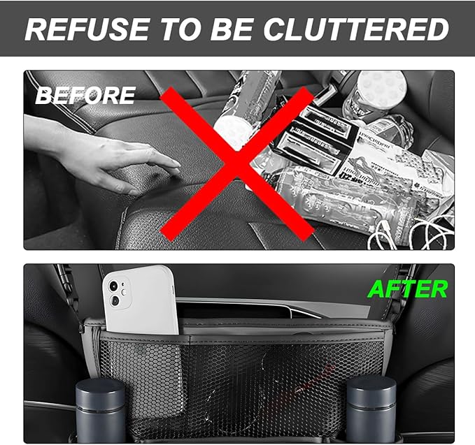 Car Handbag Holder Between Seats, Large Capacity Leather Organizer Auto Purse Holder with Tissue Box, Double-Sided Central Storage Bag Front Seat Barrier for Most Vehicles (Gray)