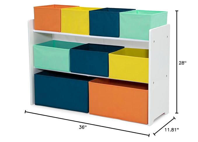 Delta Children Deluxe Multi-Bin Toy Organizer with Storage Bins - Greenguard Gold Certified, White with Navy/Green/Pastel Bin