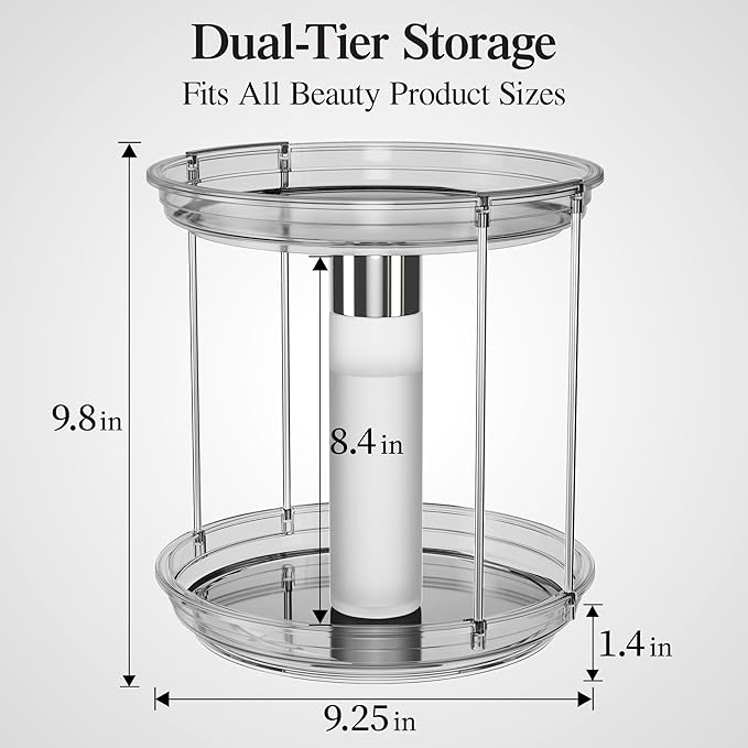 Delamu 2 Tier Rotating Makeup Organizer for Vanity, Skincare Organizer for Bathroom Counter, Spinning Perfume Organizer Cosme