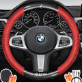 Customized Steering Wheel Cover Compatible with BMW, Premium Nappa Leather&Bright Carbon Fiber Texture Steering Wheel Cover, with Coasters and 3-in-1 USB Fast Charging Cable (Red)