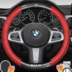 Customized Steering Wheel Cover Compatible with BMW, Premium Nappa Leather&Bright Carbon Fiber Texture Steering Wheel Cover, with Coasters and 3-in-1 USB Fast Charging Cable (Red)