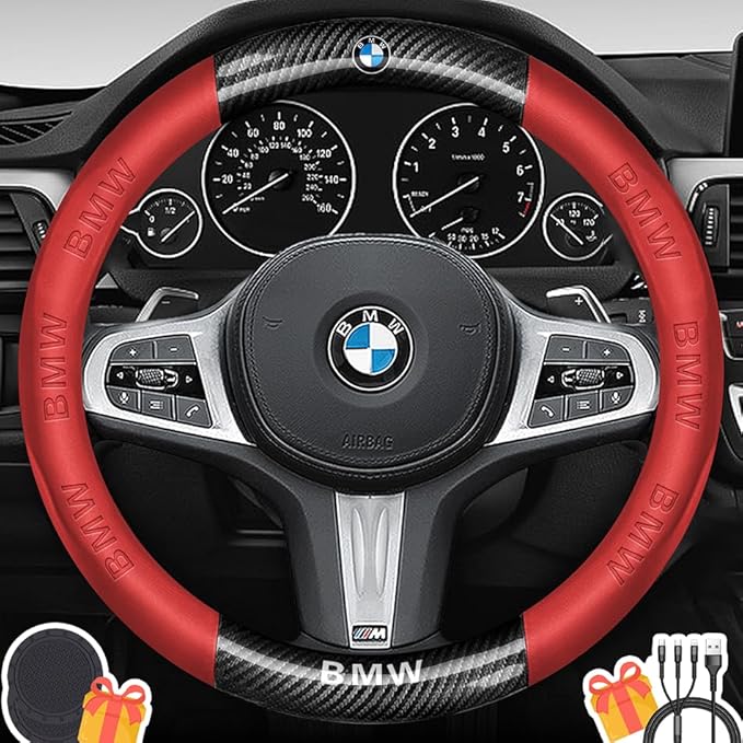 Customized Steering Wheel Cover Compatible with BMW, Premium Nappa Leather&Bright Carbon Fiber Texture Steering Wheel Cover, with Coasters and 3-in-1 USB Fast Charging Cable (Red)