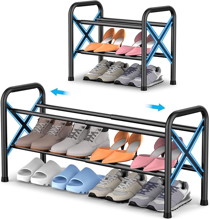YEASHEIN 2-Tier Expandable Shoe Rack for Closet Floor, X-Frame Metal Small Shoe Rack for Entryway, Adjustable Shoe Shelf Orga